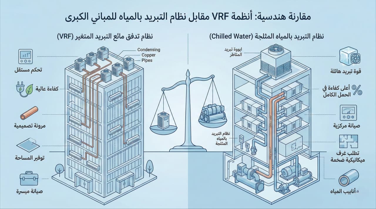 مقارنة هندسية: تكييف VRF أم نظام تشيلر للمباني الكبرى؟ | أمامة